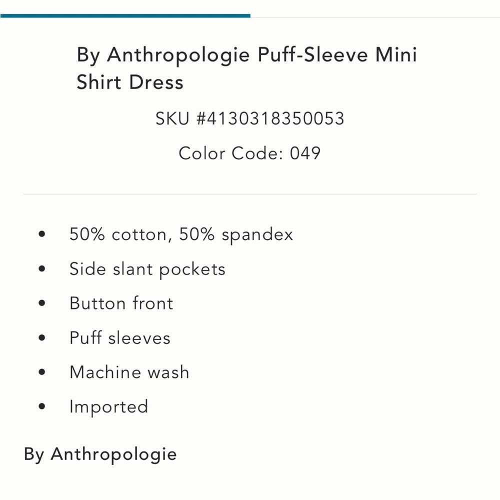 ✨ Anthropologie Puff-Sleeve Mini Shirt Dress Sz L - Picture 11 of 11